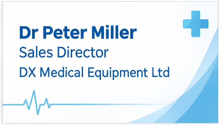 Business card: Dr Peter Miller, Sales Director, DX Medical Equipment Ltd