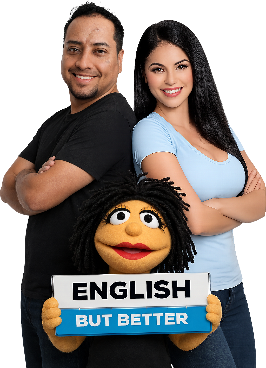 Johny and Lena from English But Better, with Lulu the puppet mascot