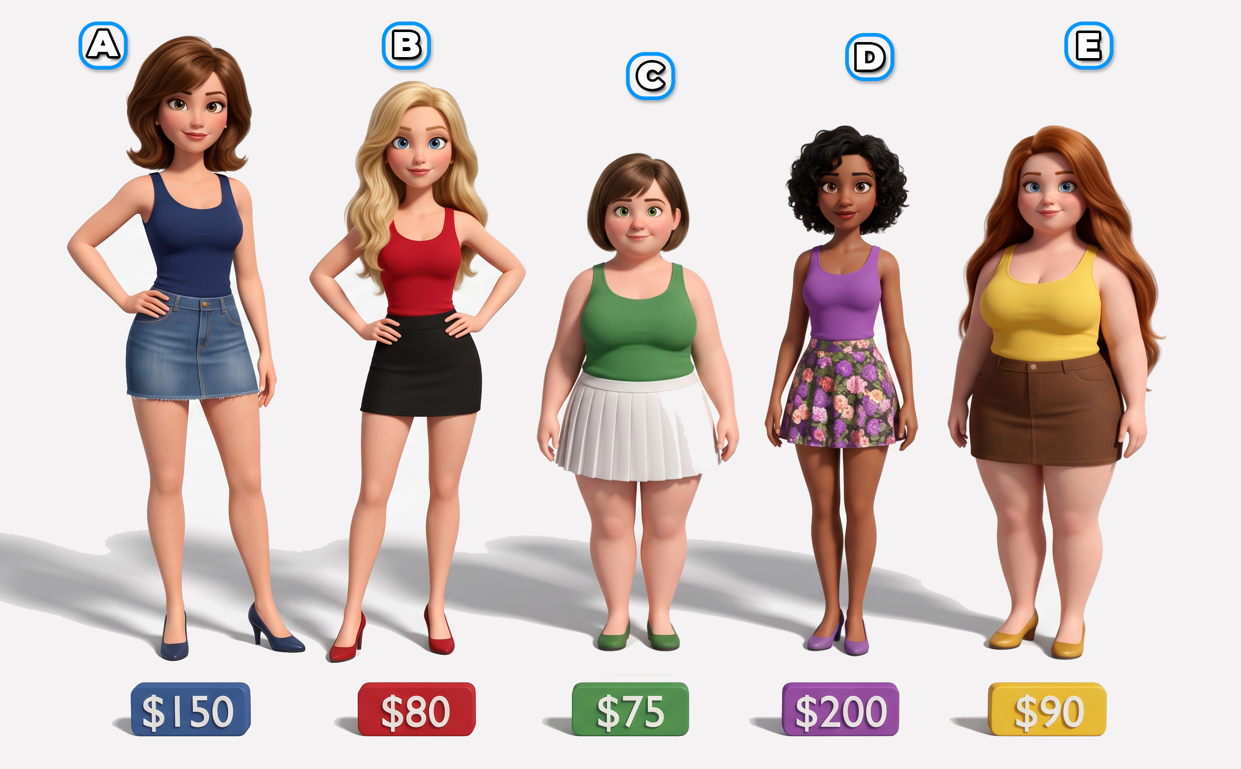 Five cartoon women labeled A to E, each with a shoe price tag: A $150, B $80, C $75, D $200, E $90.