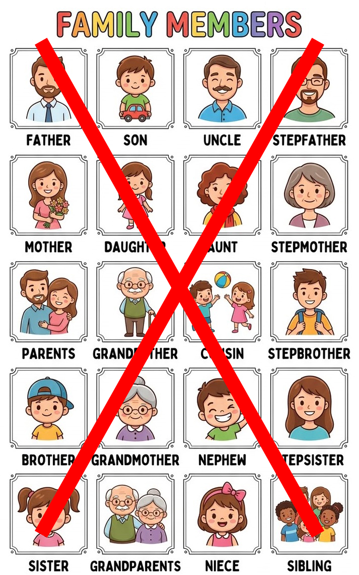 Family members flashcards, crossed out