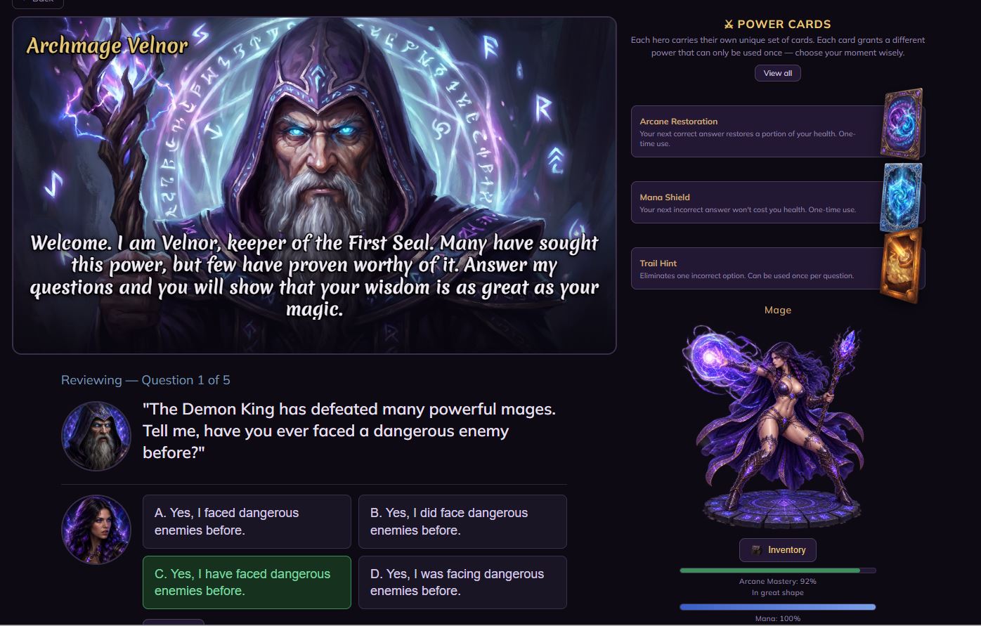 An English grammar question inside the game, with power cards and hero stats