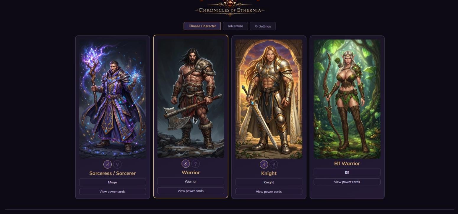 Choose your hero screen — mage, warrior, knight and elf