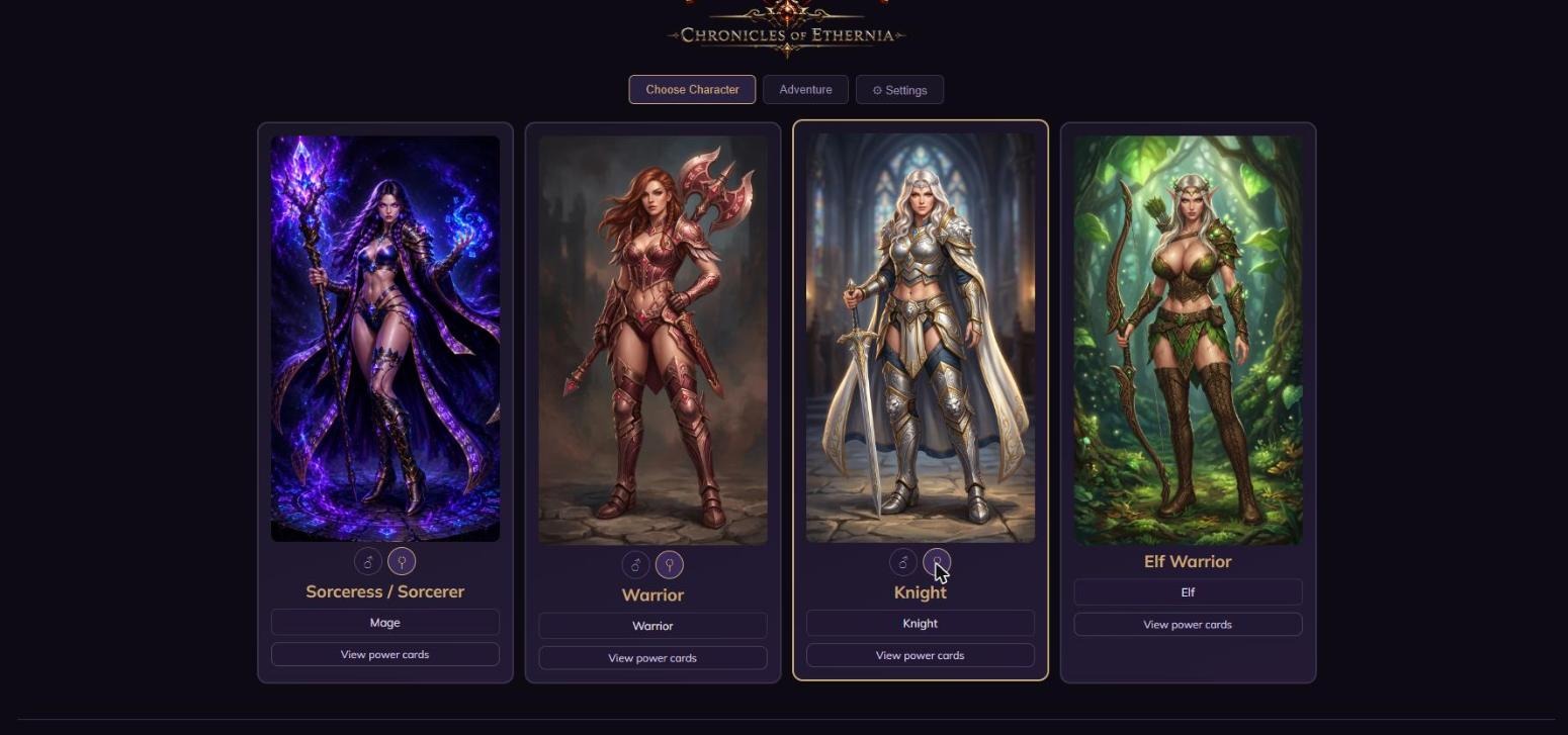 Choose your hero screen — female versions of mage, warrior, knight and elf