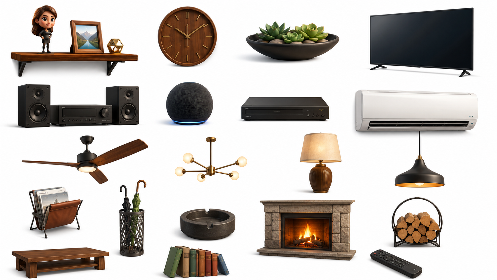Electronics, Lighting & Fireplace — Living Room