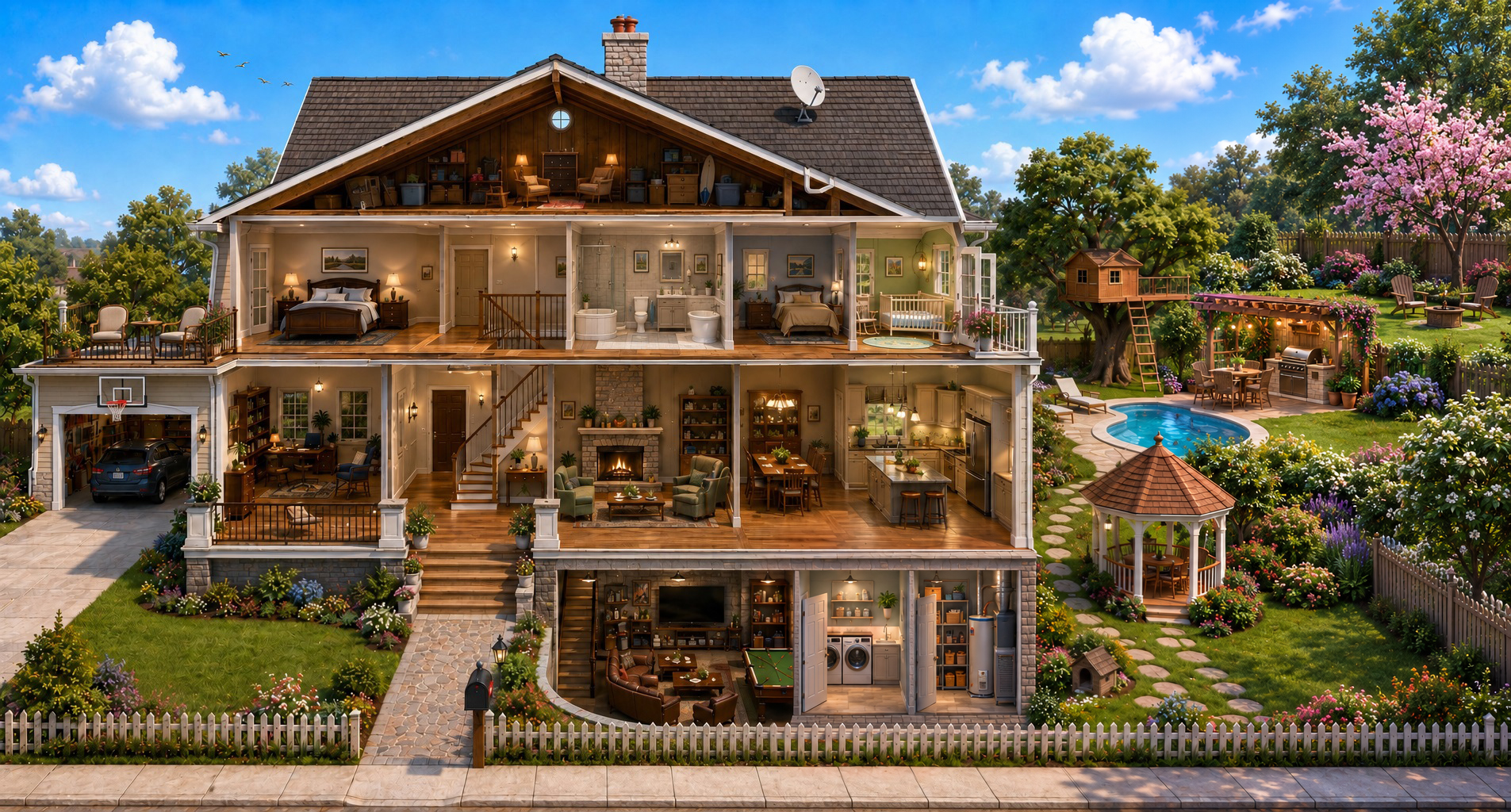 Cross-section of a house showing every room and outdoor area